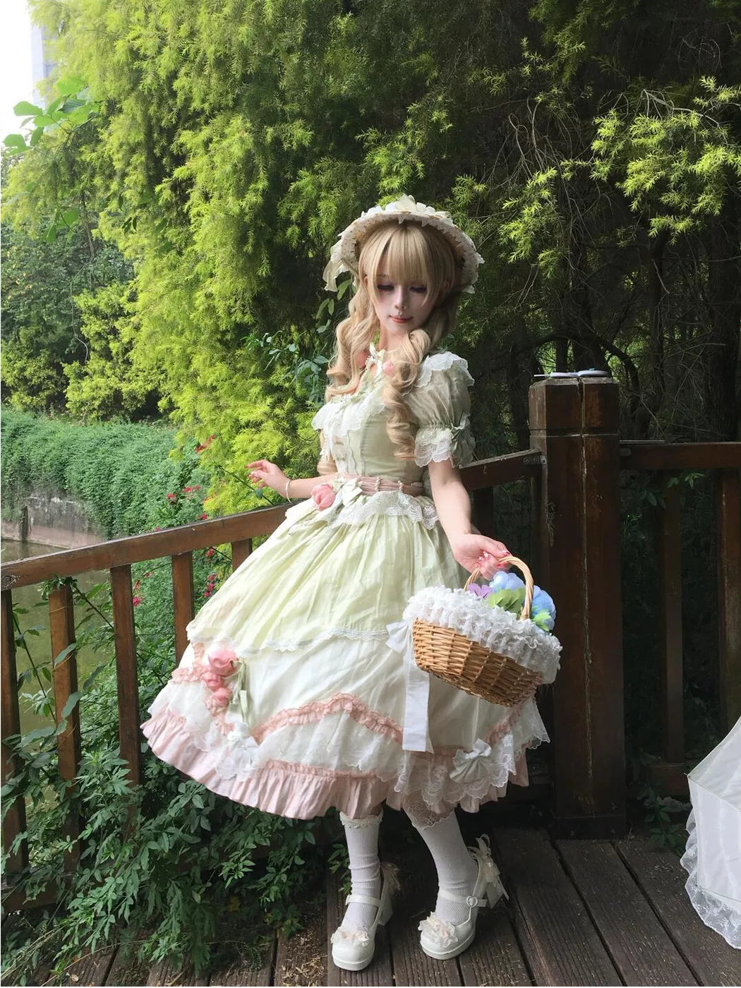 Creamy - Green Pink Floral - Short-Sleeve OP Dress with Layered Lace Skirt