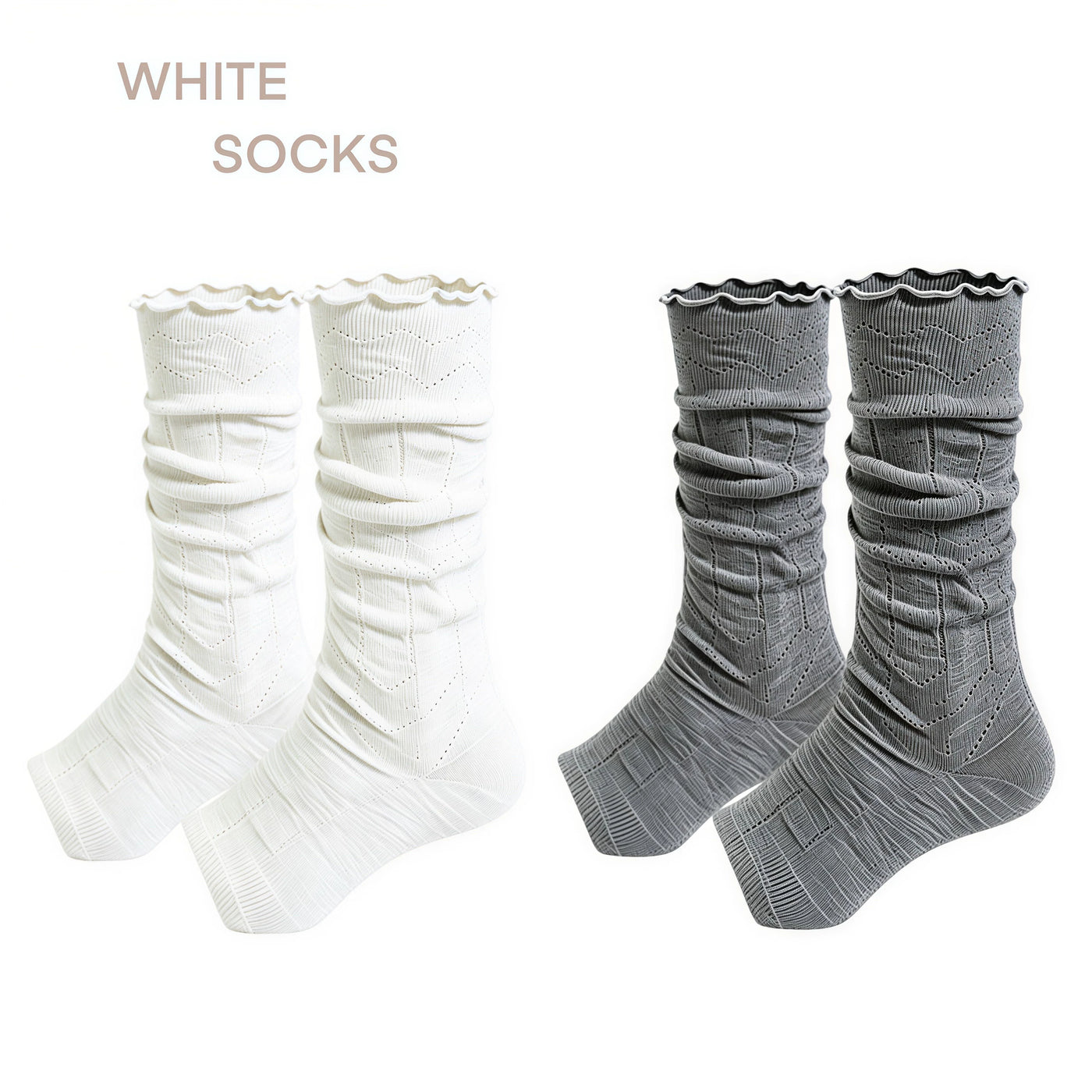 White Socks - Mary Jane Layering - Toeless Scrunched Socks with a Ribbed Texture