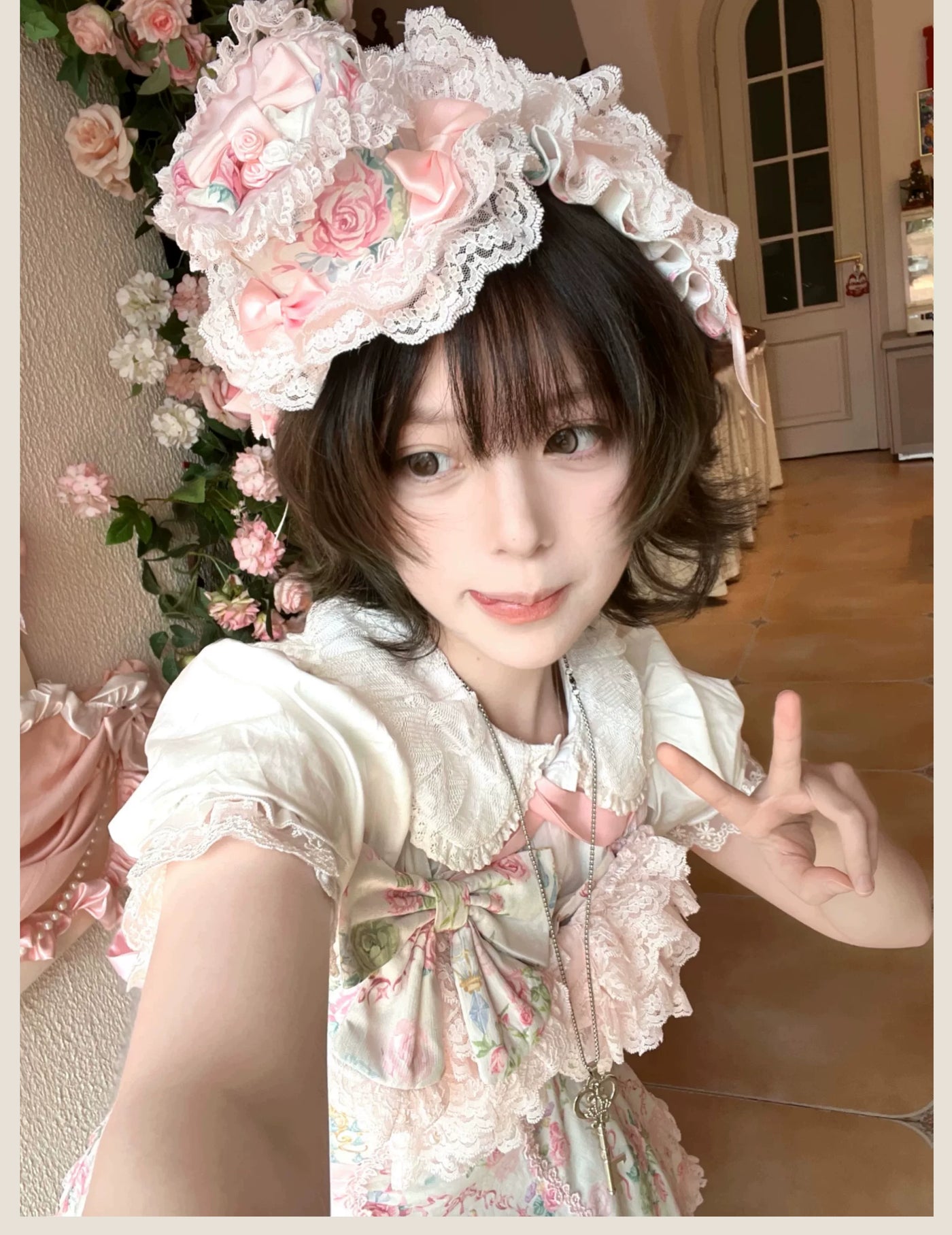 Tata Long Ear - Spring 2025 Floral Wall - Floral Print JSK Dress with Layered Lace Ruffles