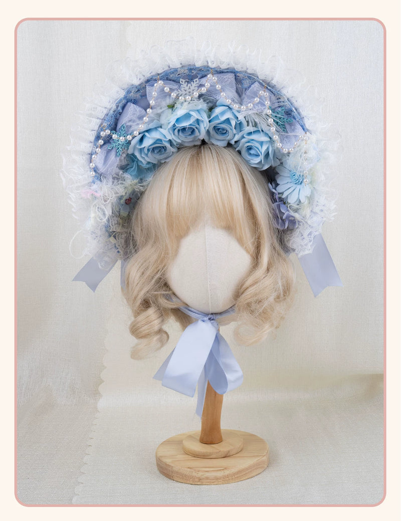 Stardust Rose - Pearl Rose Garden - Bonnet-Style Flat Hat with Rose Florals