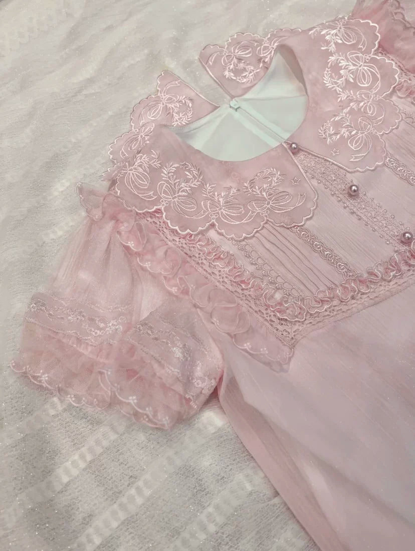 Sweetheart Dream Machine - Starry Cloud Twin Rabbit - Long-Sleeve Lolita Inner Blouse with Floral Lace Collar
