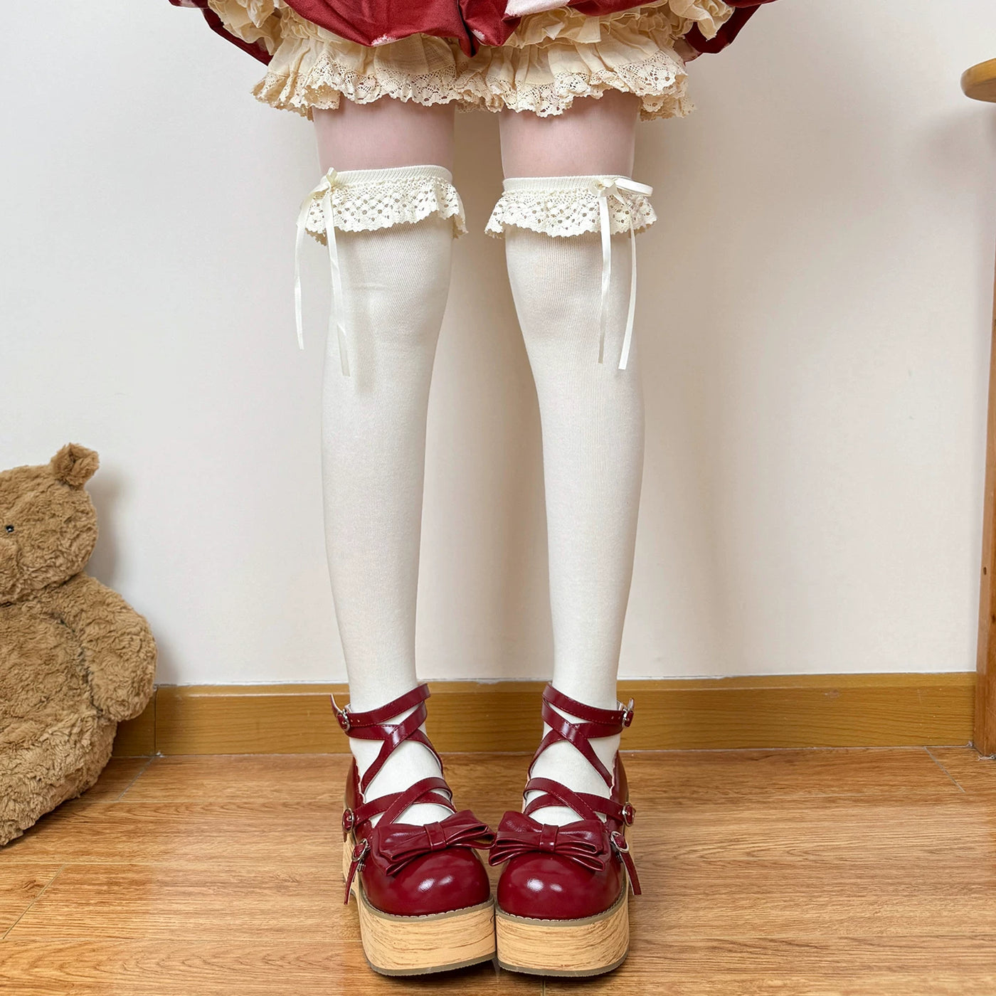 Chubby Bear Tales - Mushroom Doll - Beige Lace Socks in Mid-Short, Calf and Over-the-Knee Lengths