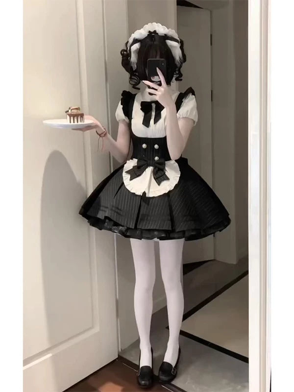 Creamy - Maid Stripe - Black-and-White Blouse and Dress Set with Bow Bib