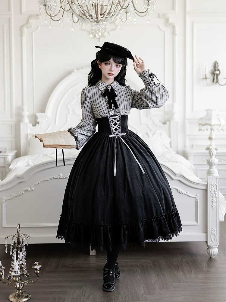 With PUJI - Dusk Moment - Classic Lolita Striped OP & Mermaid Dress Set, Fishbone Waist detail view 3