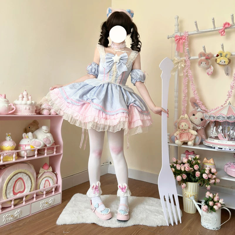 Lady Han Star Wish cute JSK dress in pastel with star patterns, featuring a fitted bodice and flared skirt, perfect for lolita fashion.