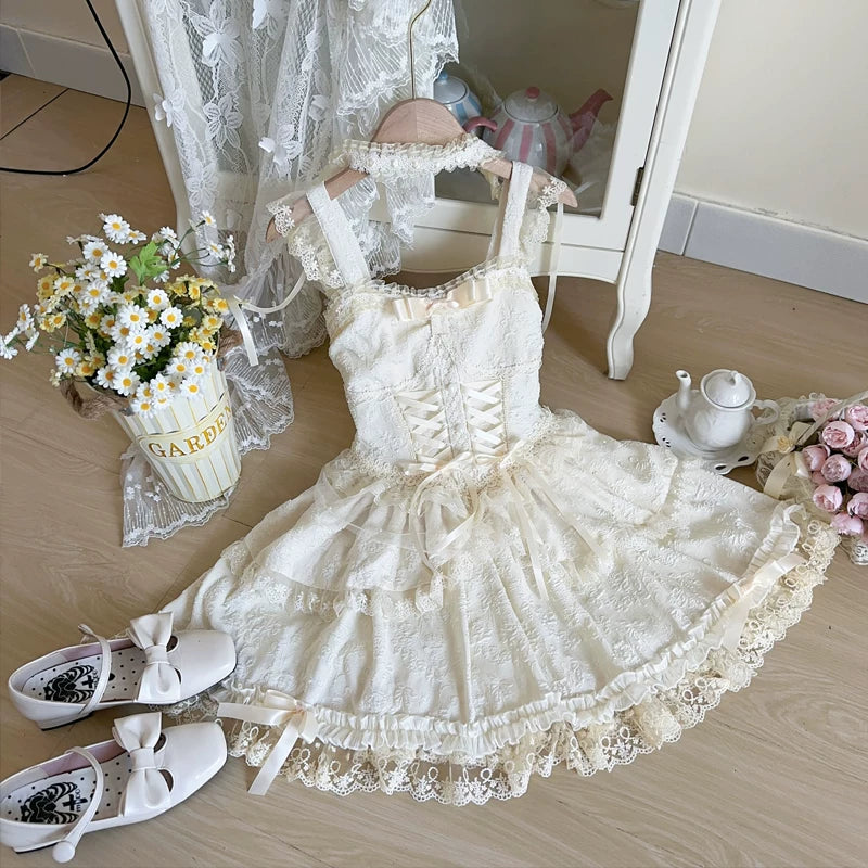 Lady Han Lolita Fufu Ballet Bridal JSK dress with ruffled details and floral accents, styled in a classic ballet-inspired design.