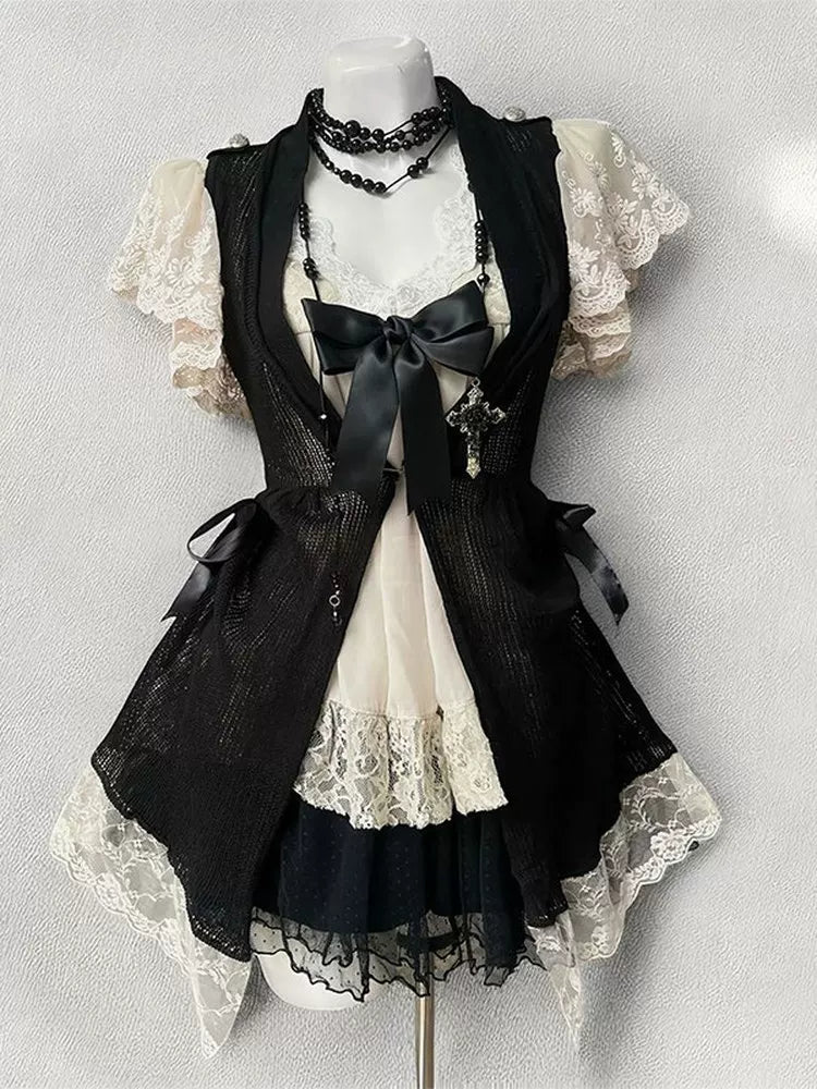 Creamy - Gothic Layered - Black and Ivory Three-Piece Set with Lace Trim