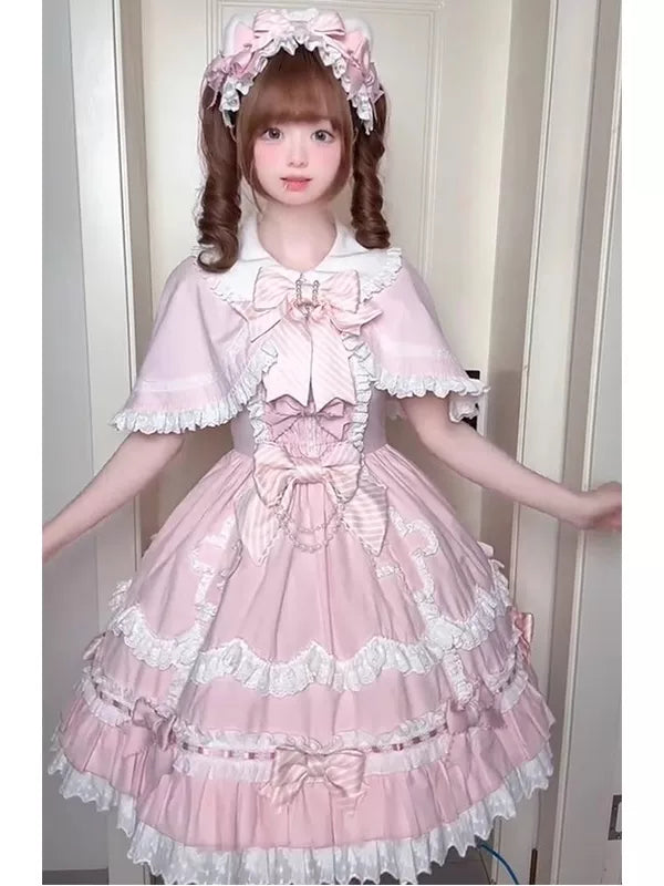 Pink Sweet Lolita JSK with white lace trim, tiered skirt, and matching scalloped capelet