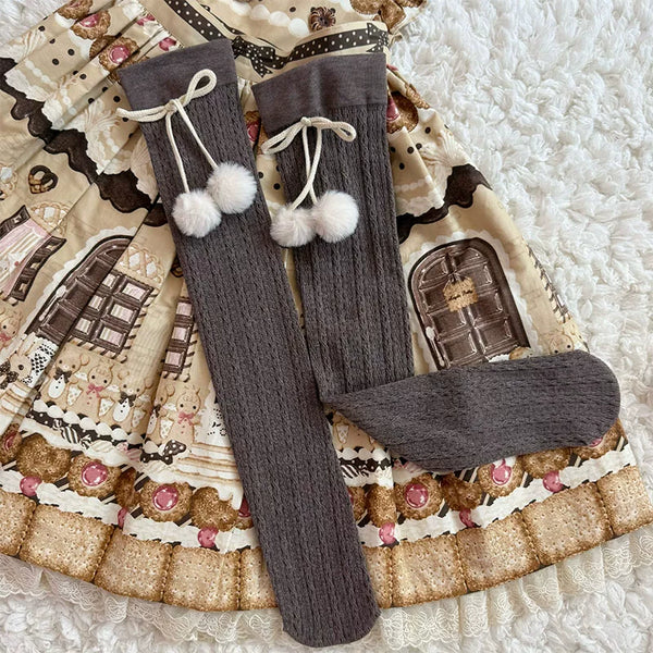 Brown over-the-knee Sweet Lolita socks with white pom-pom bow cuff