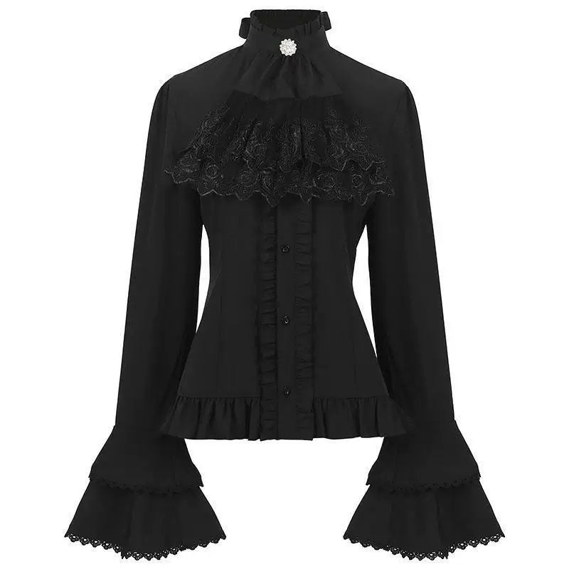 Black long-sleeve gothic blouse laid flat on white with a lace bib and flared cuffs.
