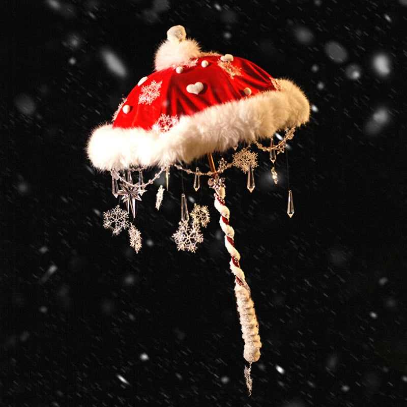 Christmas Velvet Star Long-Handle Lolita Parasol — Parasol + Tassel Pendant