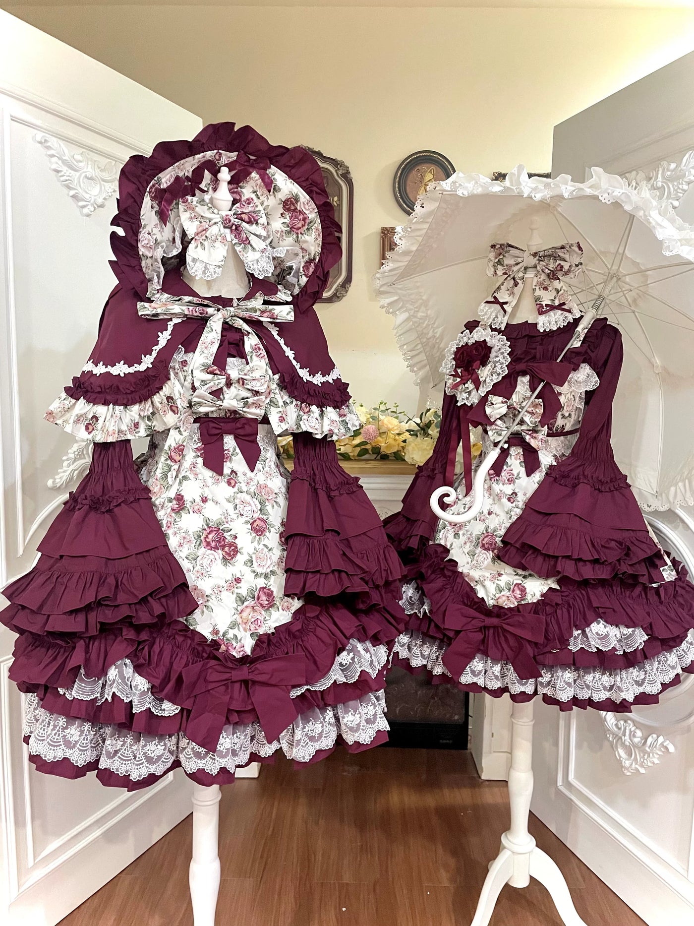 Tata Long Ear - Burgundy Roses - JSK Dress with Pale Rose Print and Tiered Ruffles