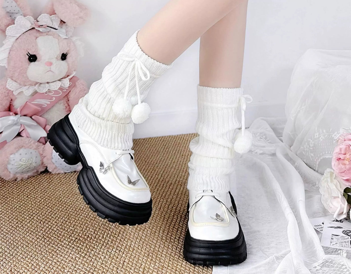 Floral Milk Cat - Maillard Knit - Mid-Calf Slouch Socks with Pom-Pom Ties