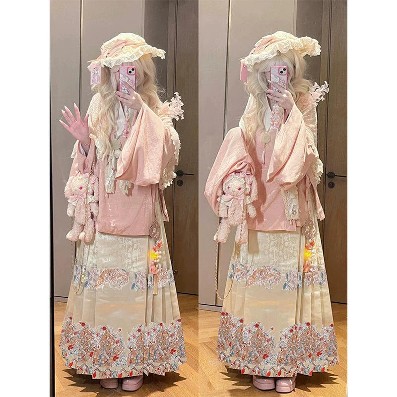 Creamy - Hanfu-Inspired Ensemble - Top, Mamian Skirt and Shawl