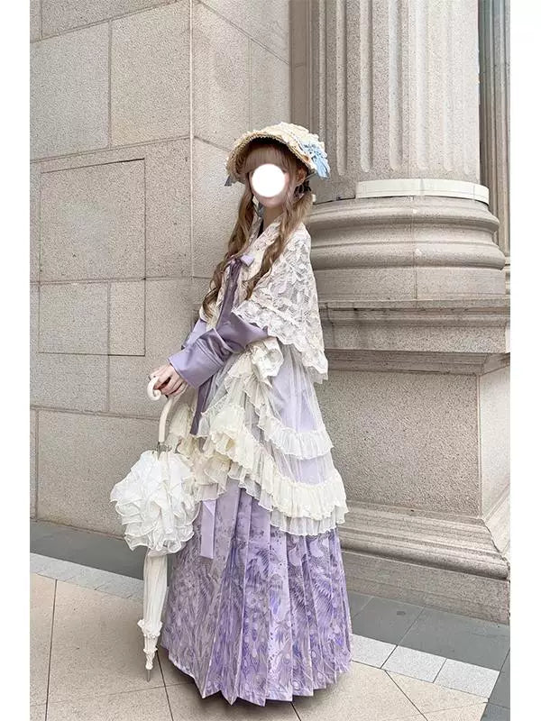 Purple and beige Hanfu-inspired Lolita outfit with a cross-collar top and long skirt