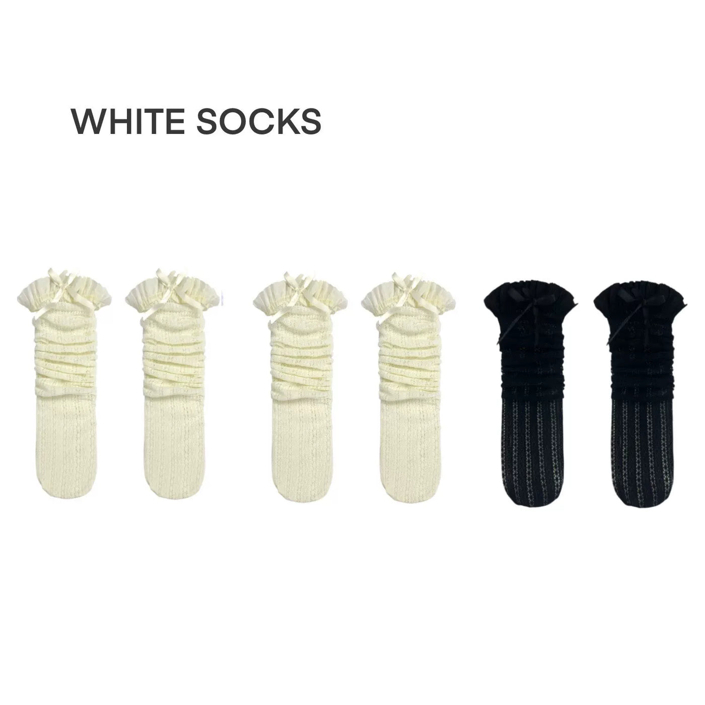 White Socks - Ballet Bow - Openwork Mid-Calf Socks with Ruffled Cuffs