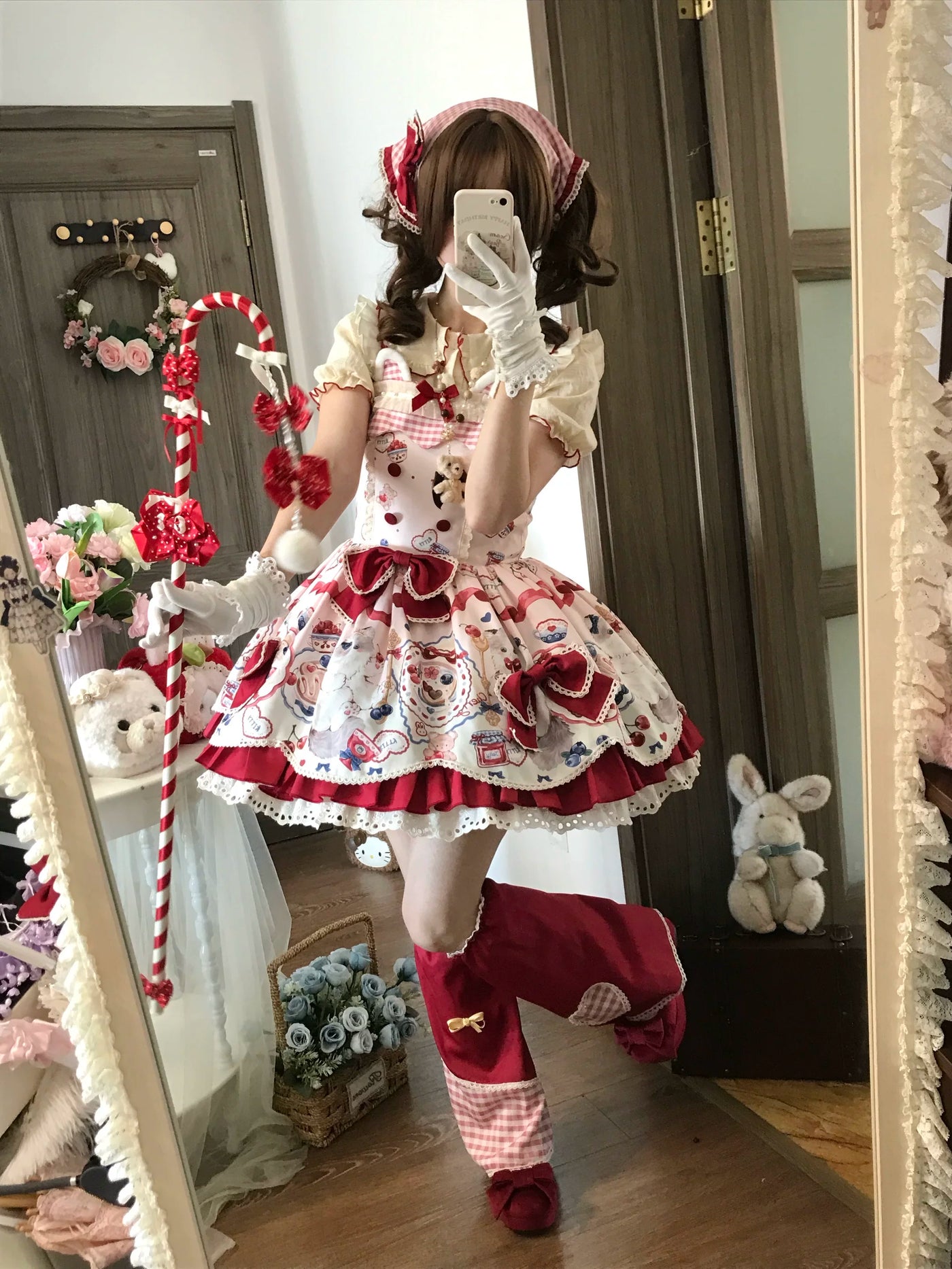 Fluffy Bunny Bubble Cake - Meow Meow Tea Party - Dessert-Print JSK Dress Set with Red Bows