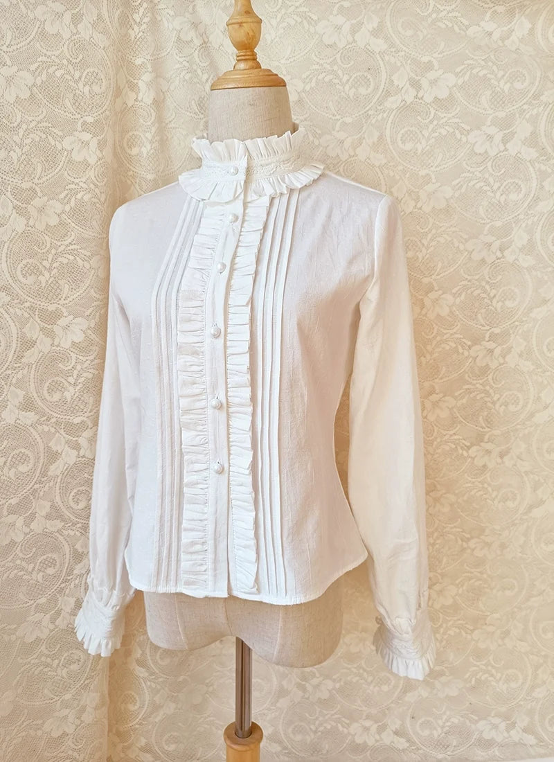 Youlan Lane - Winter Cotton - White Long-Sleeve Blouse with Lace Trim and Removable Bows - product detail 5