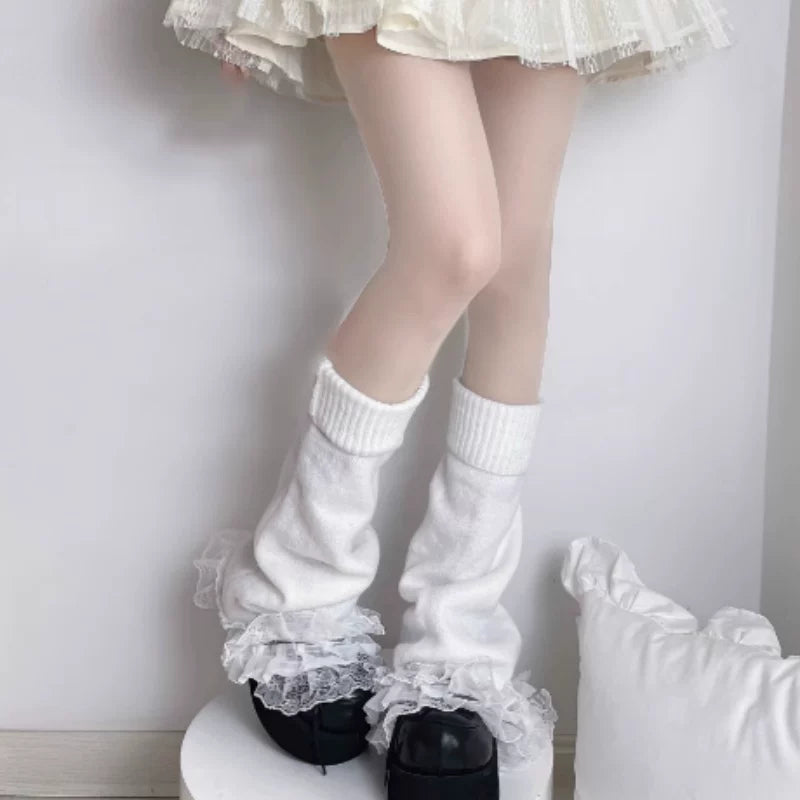 Fantasy Doll - Bowed Lace Layers - Knit Mid-Calf Leg Warmers with Lace Ruffles and Bows