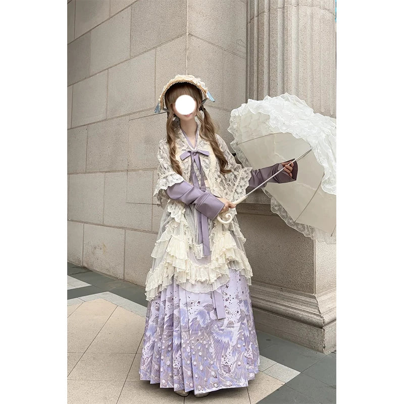Creamy - Purple Cross-Collar - Hanfu-Inspired Lolita Set with Mamian Skirt and Beige Layers
