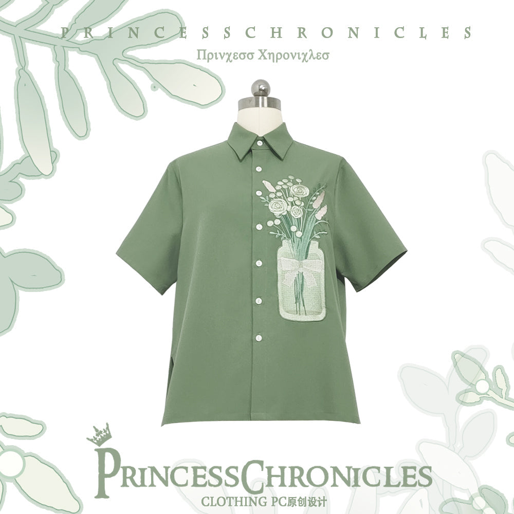 Limited Flowering Time - Retro Green Flower Embroidery Shirt (L M S XL / Green) 18950:272678