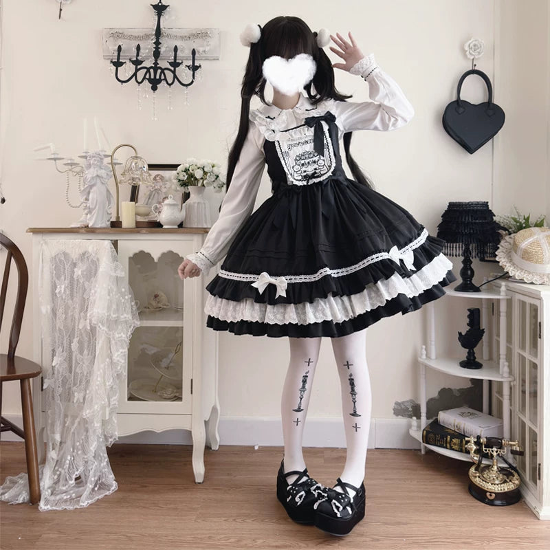 Lady Han Bear Sweetheart sweet cute JSK dress in pastel fabric with bear embroidery and bow details, perfect for lolita fashion style.
