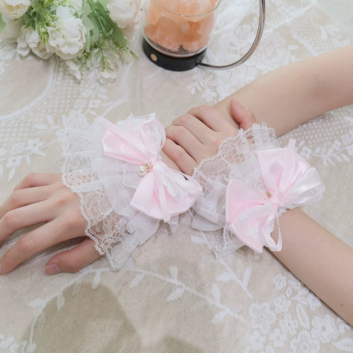 Fantasy Doll - Pearl Bow Lace - Wrist Cuffs with Pearl Accents