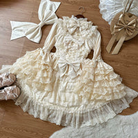 Hanguliang - Love and Heart Palpitations - Sweet Wedding Lolita JSK Dress, Pearl and Lace Accents - S / One Apricot Back Bow Only (one size / M)