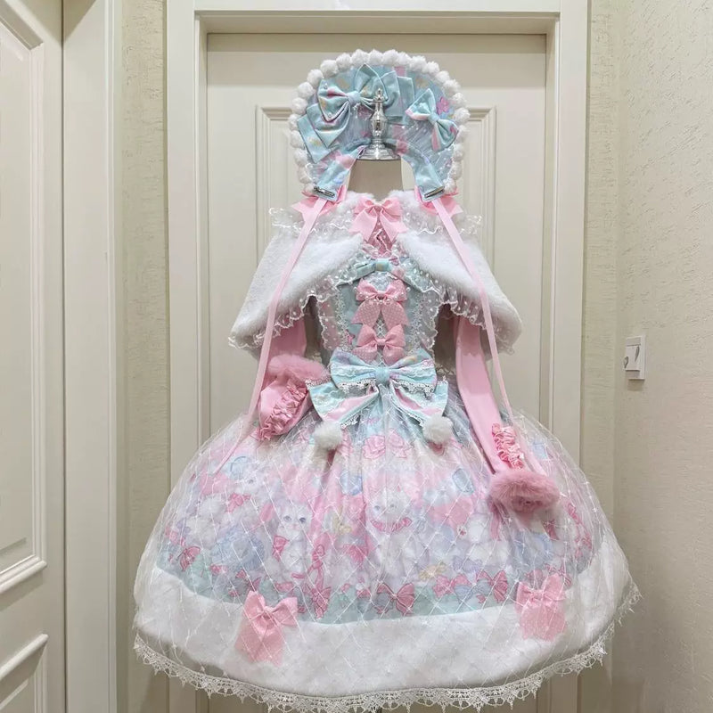 Lady Han Candy Mary Cat sweet JSK dress featuring colorful cat pattern and lace details, modeled on a mannequin.