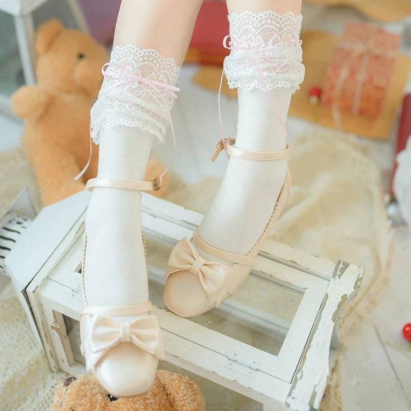 Roji Roji - Combed Cotton Lolita Lace Spliced - Socks with Colorful Bows Socks