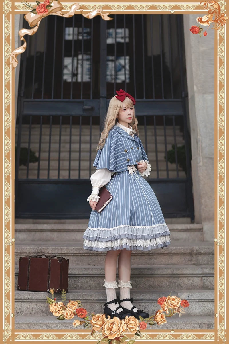 Infanta - Elegant Lolita Stripe High-waist - Jumper Dress Set and Cape SK Skirt