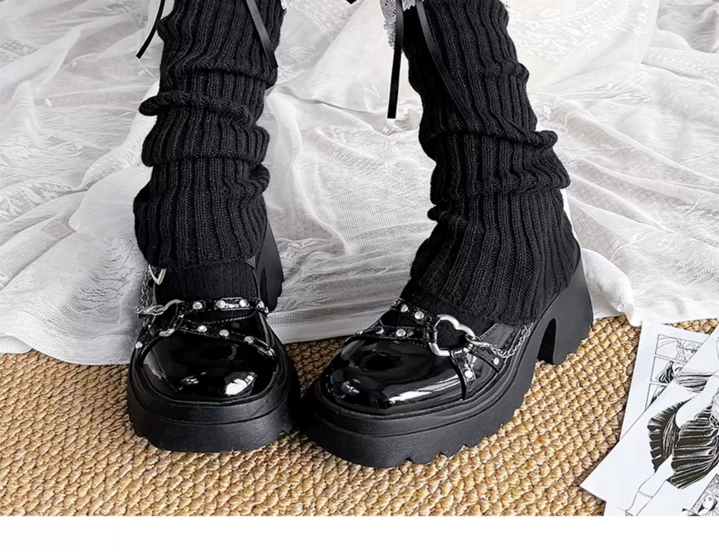 Floral Milk Cat - Ballet Lace - Approx. 40 cm Knit Socks with Lace Cuffs and Ribbons