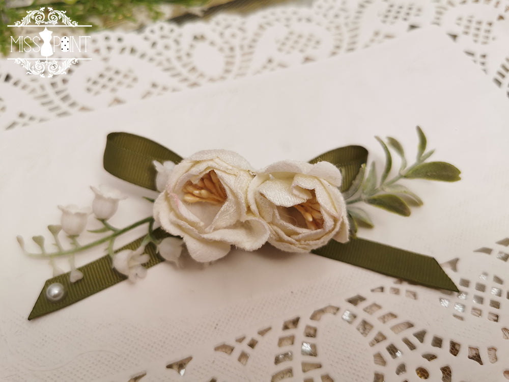 Miss point - Sally's Garden - Lolita Flower Bow Lace Necklace white and green clips brooch
