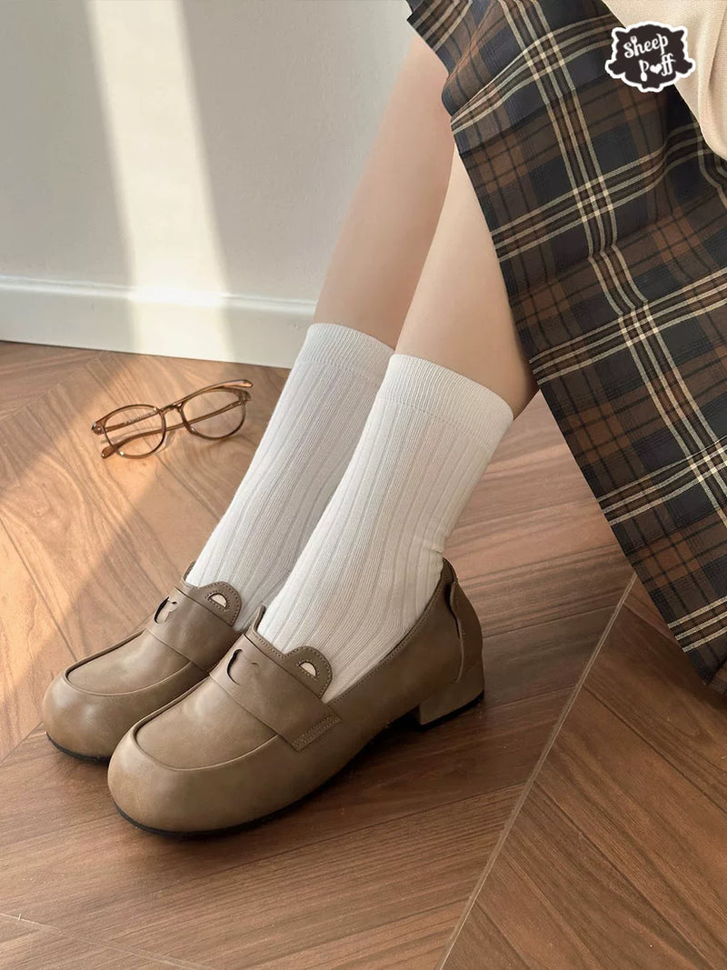 Sheep Puff Bear Bread Lolita shoes in pink with cute bear and bread design, featuring lace-up details and a rounded toe.
