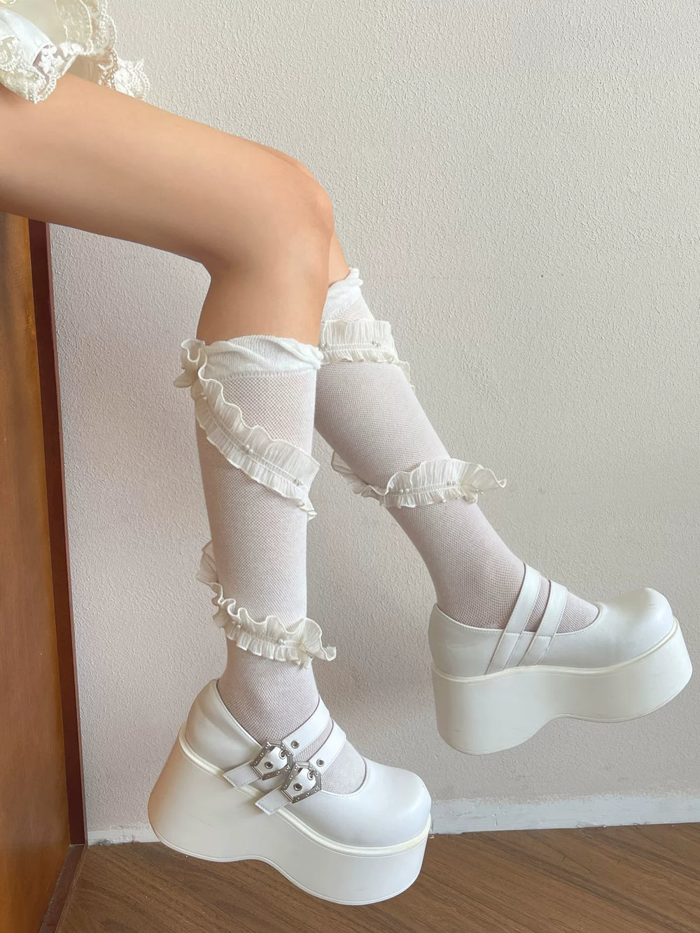 White ruffled mid-calf Lolita socks with pearl-like trim