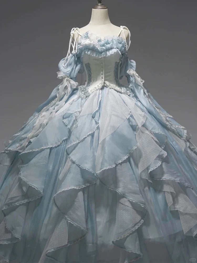 Flora Muse blue Lolita ball gown with optional skirt support, showing full volume