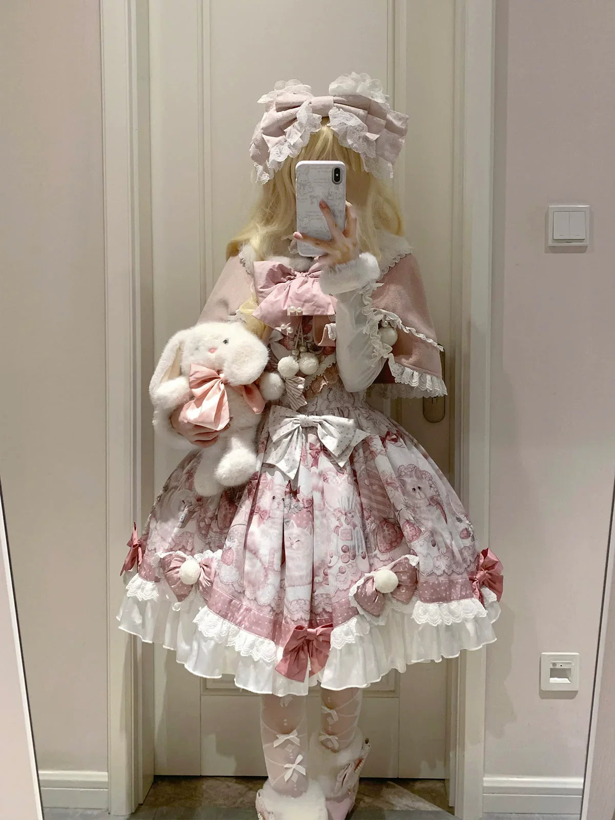 Matutu - Dessert Catlets - Sweet Lolita JSK dress and faux-fur collar cape set with cat and strawberry prints - product detail 7