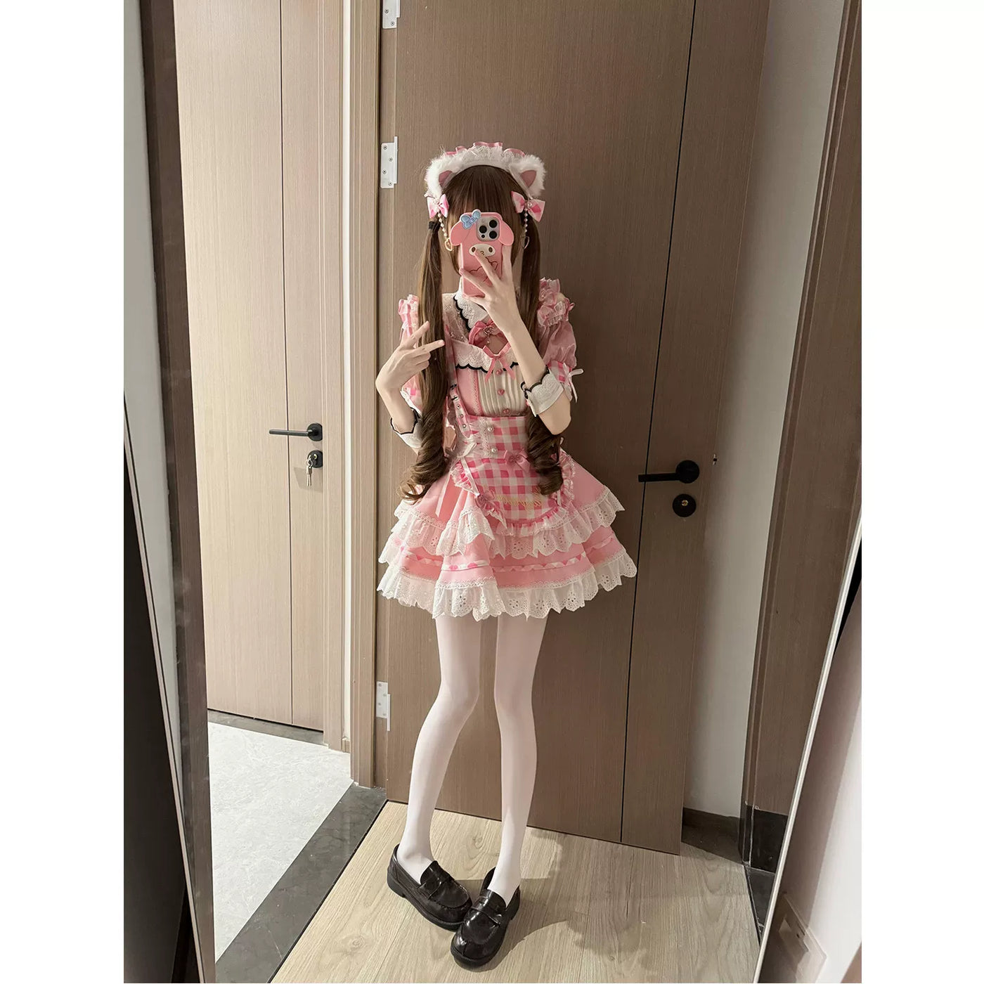 Creamy - Pink Plaid Ribbon - JSK set with a pink plaid suspender skirt