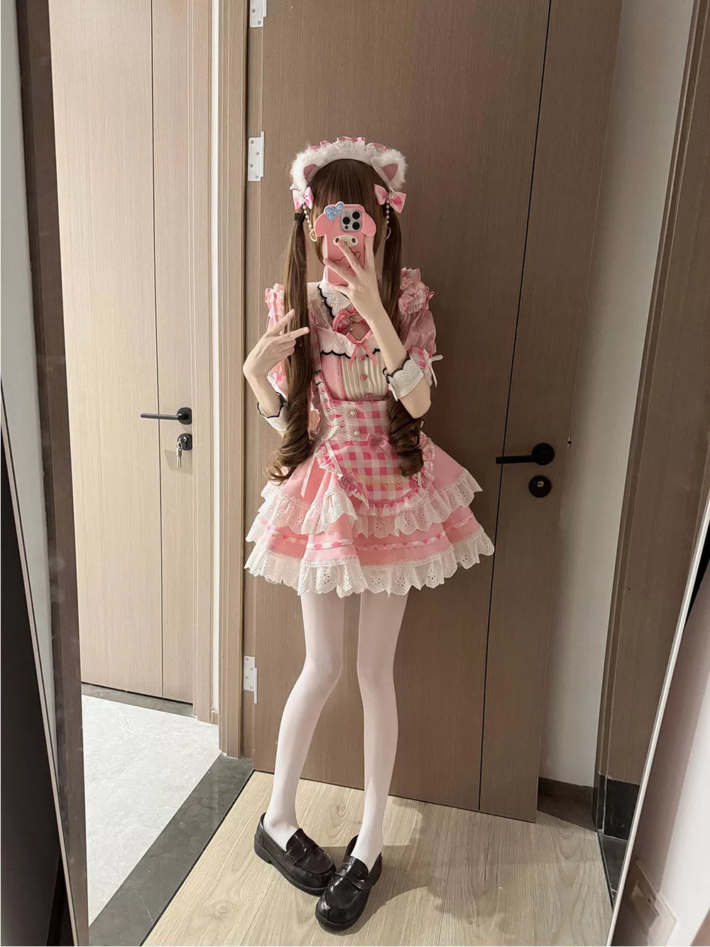 Pink plaid suspender JSK set with ruffles and bows
