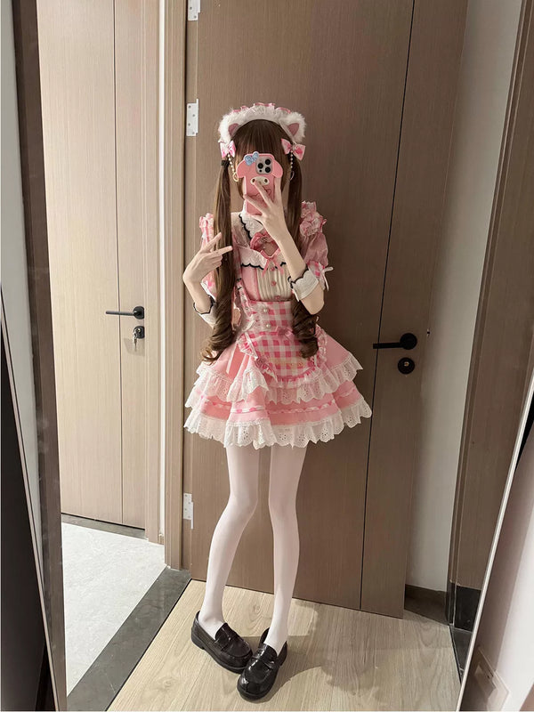 Pink plaid suspender JSK set with ruffles and bows