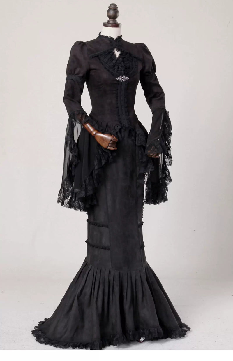 LACE GARDEN - Dark Lace - Black Mesh Outerwear and Mermaid Skirt Set with Lace Trim