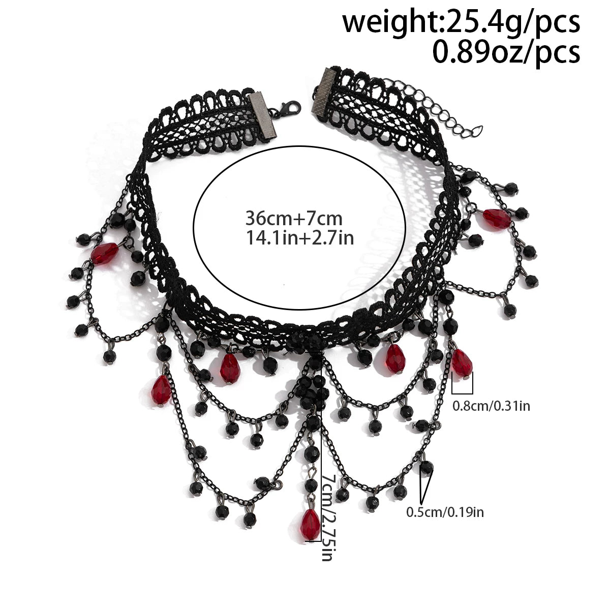 Independent Brand - Crystal Fringe - Black Lace Choker Necklace with Red Crystal Drops