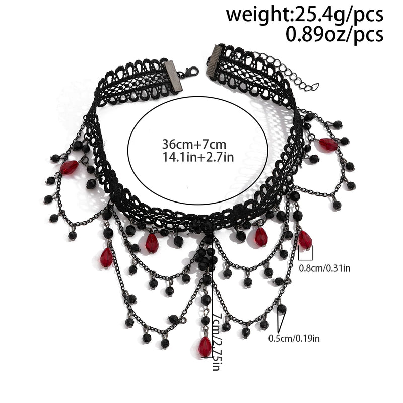 Independent Brand - Crystal Fringe - Black Lace Choker Necklace with Red Crystal Drops