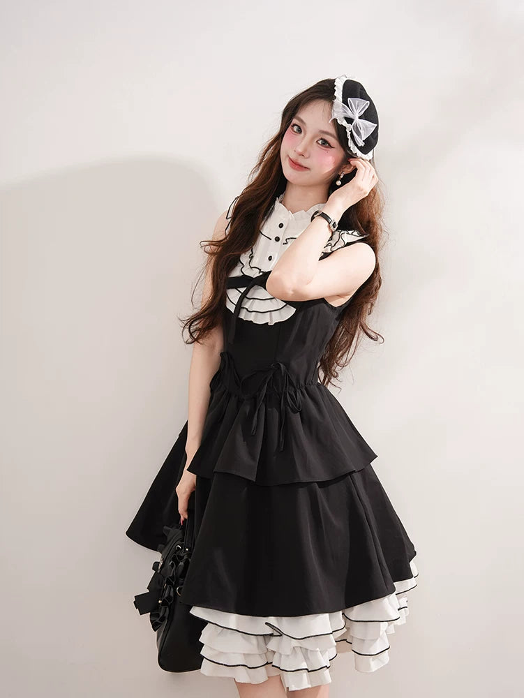 Miyou - Monochrome Polka-Dot Ruffle - Black-and-White Polka-Dot Paneled JSK Dress with Layered Ruffles
