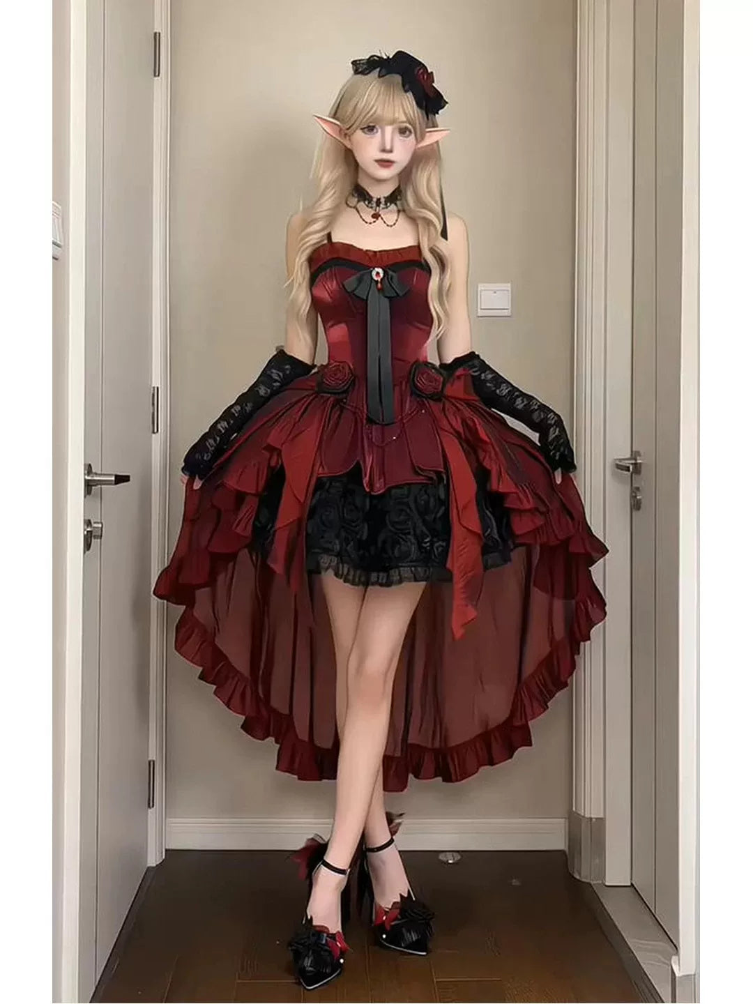 Creamy - Gothic Rose - Red JSK with a Bow and Large Train