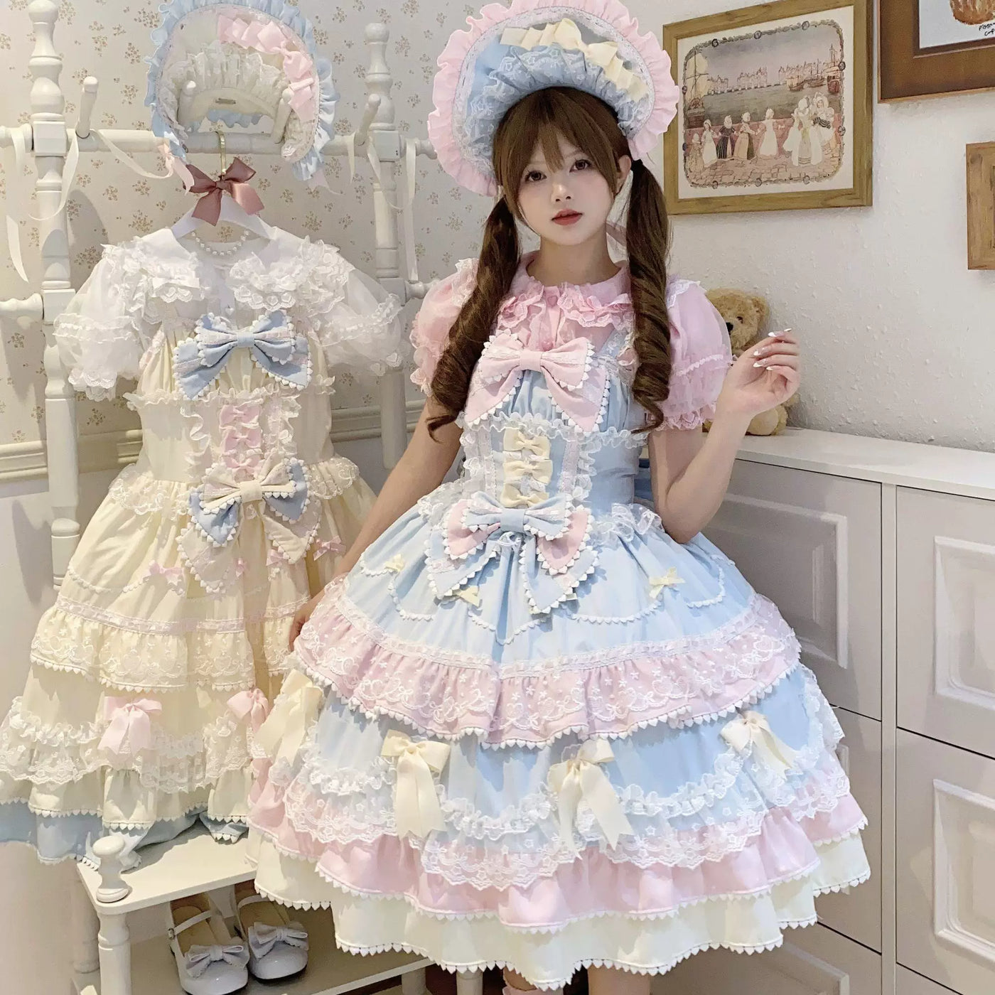 Sweetheart Dream Machine - Ribbon Layers - Lolita JSK Dress with Tiered Ruffles and Bow Details