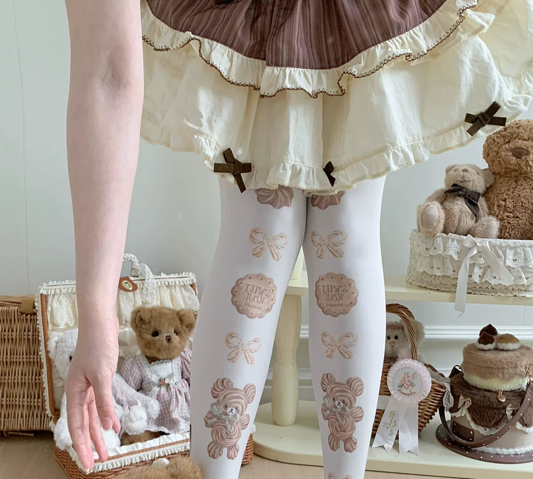 roji roji Little Bear Cookies printed tights with teddy-bear and biscuit motifs
