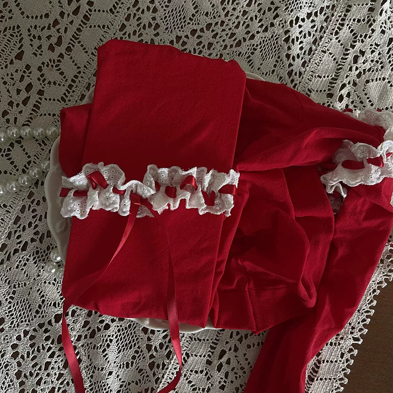 Sock Noble - Cream Lace - Velvet Tights with Lace-Trimmed Bands