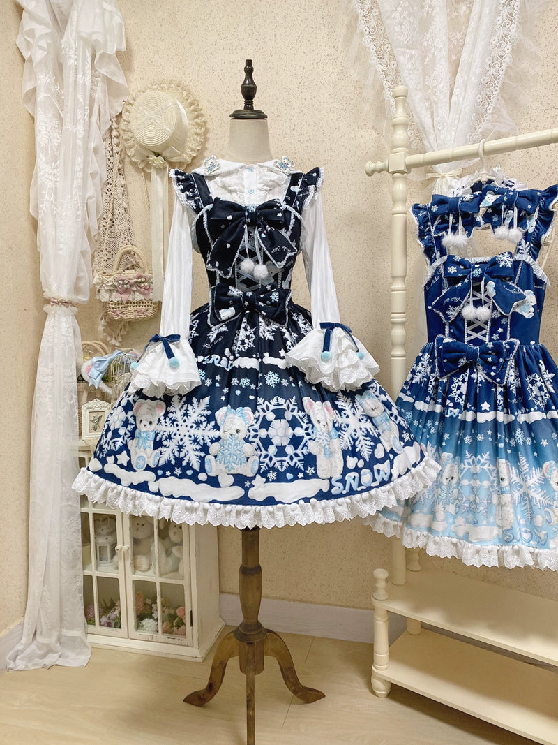 Snowflake Bear Lace-Trim Plush Lolita JSK — Black & Navy JSK