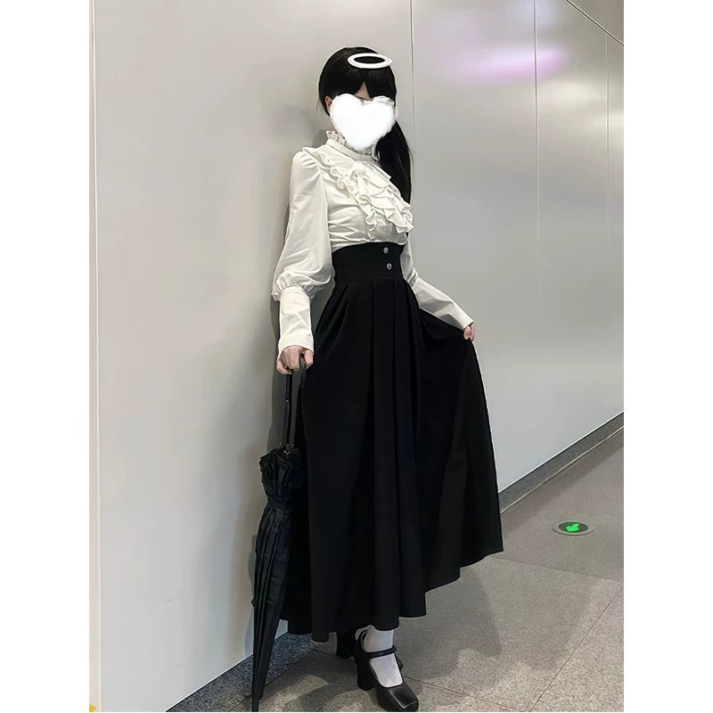 Creamy - Ruffled Bib - White Bib Shirt and Black Skirt Two-Piece Set with Front Buttons